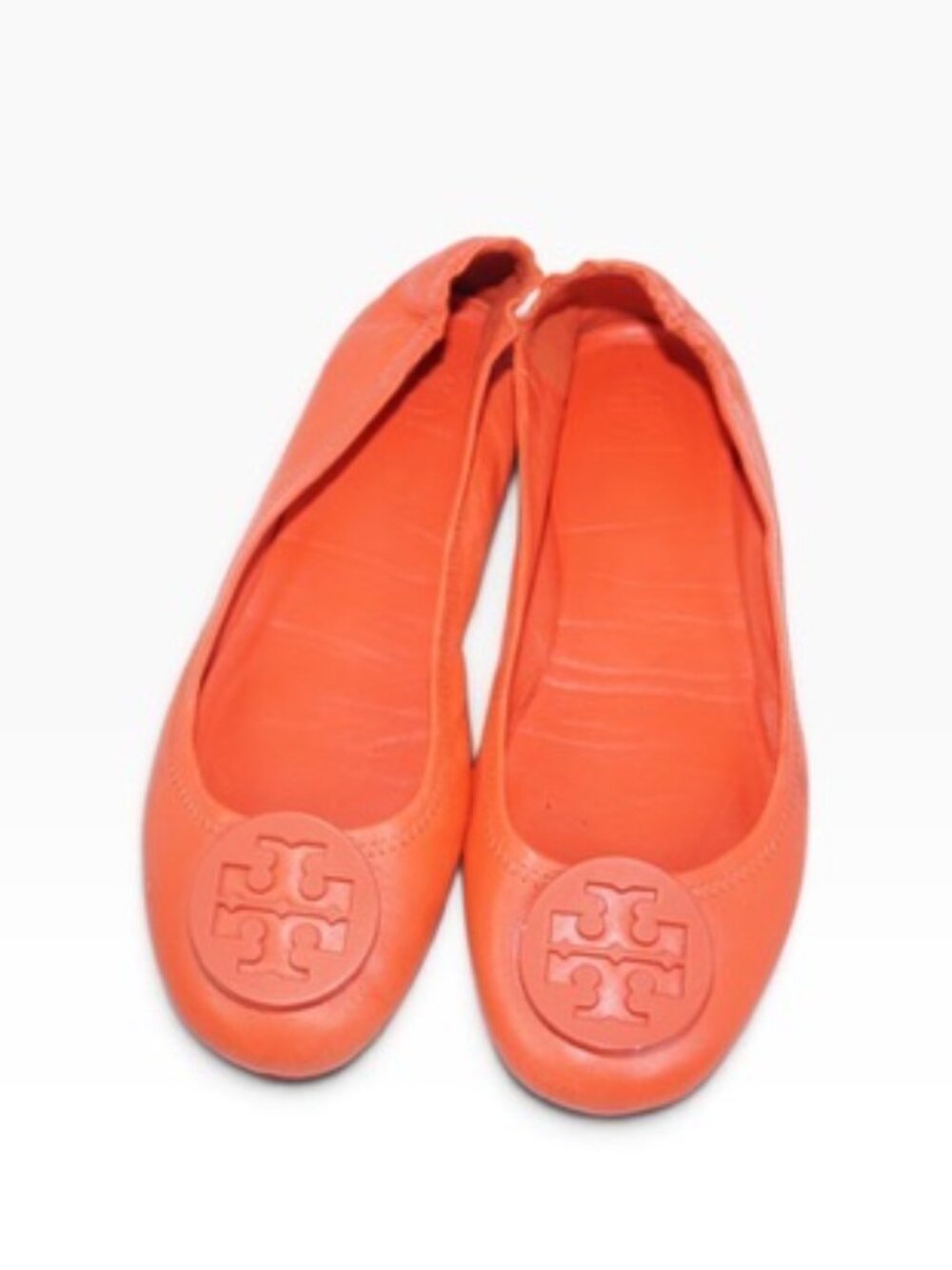 Tory Burch Minnie Travel Ballet Flats Orange Leather Logo Size 10